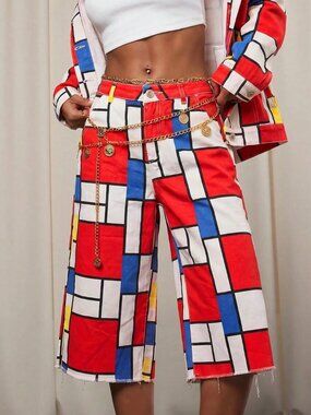 Red Casual Women's Loose Geometric Zip Fly Baggy Jeans
